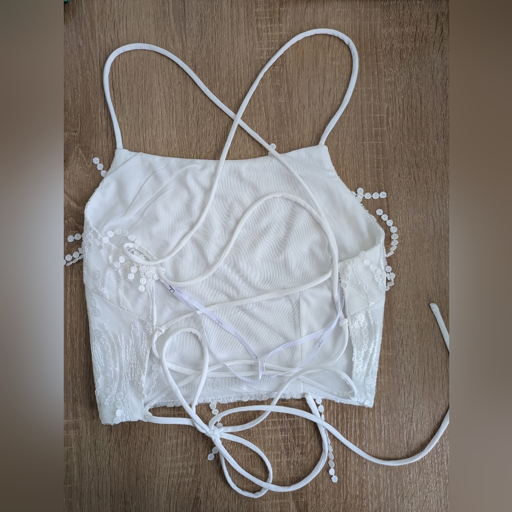 Lulus Dancing in a Dream White Fringe Lace-Up Two-Piece Mini Dress - Picture 6 of 10